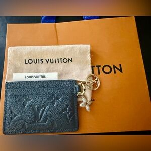 Louis Vuitton Navy Monogram Embossed Card Holder with Gold/Silver Charm Accent